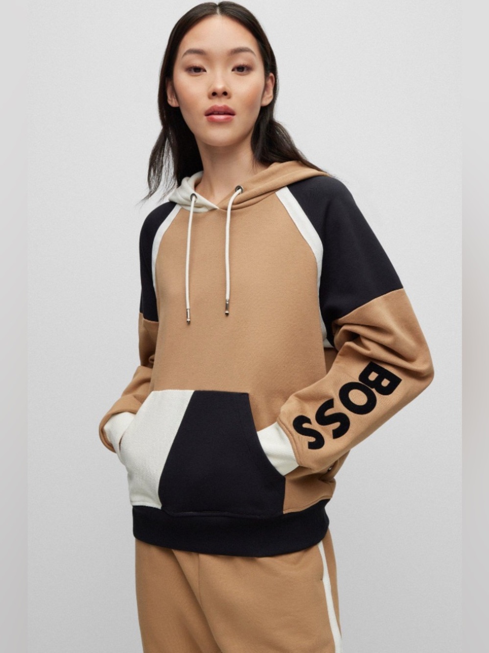 BOSS Women's Black Cotton-terry Hoodie With Colour-blocking And Logo